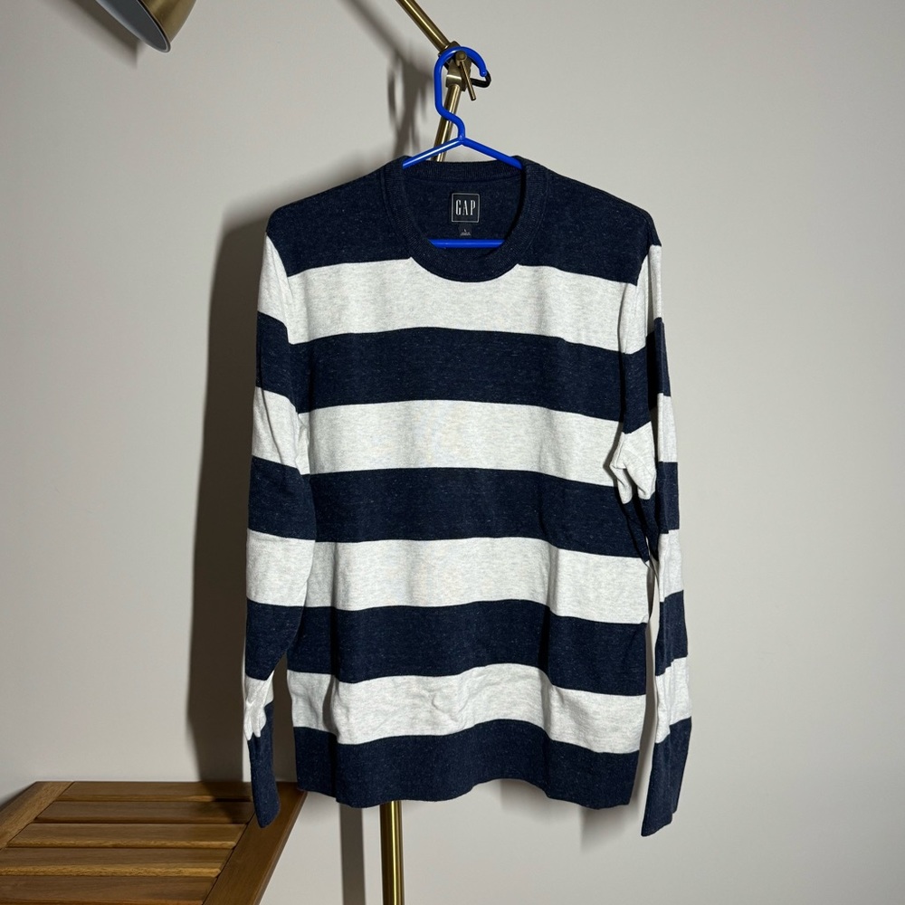 GAP - Navy Blue Long Sleeve Crewneck with White Stripes - Men’s Large